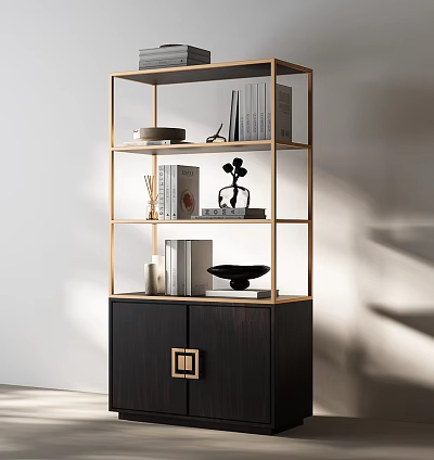Elegant Modern Bookcase With Wooden Cabinet Metal Frame Open Shelves Books And Decor Items 3d model