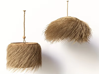 Natural Straw Pendant Lights With Rope Hanger And Wooden Ball Design 3d model