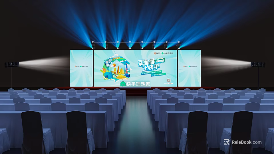 Modern Conference Hall Setup With Large Screens Stage Lights And Arranged Seats 3d model 