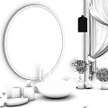 Round Gold Frame Bathroom Mirror With Marble Basin Green Plants White Flowers And Natural Light