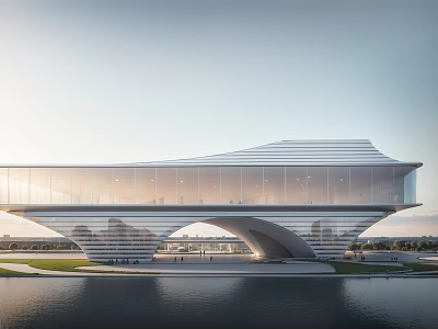 Modern Sales Office Building With Glass Facade And Waterfront Landscaped Architecture 3d model
