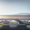 Modern Sales Office Building With Glass Facade And Waterfront Landscaped Architecture