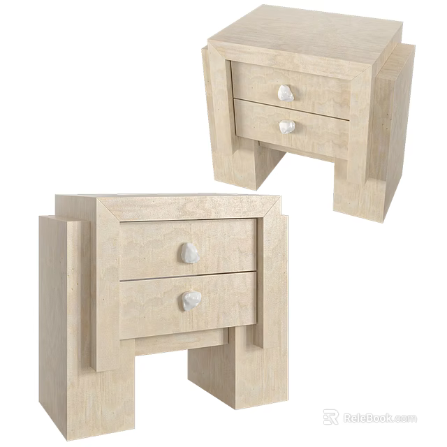 Light Colored Wooden Bedside Table With Two Drawers And White Knobs 3d model