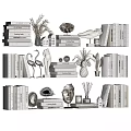 Decorative Ornament Set With Stacked Books Plants Flamingo Figurines Shells And Sculptures