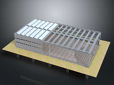 Modern Building Structure With Glass Facade Metal Frame Skylight Roof And Support Columns 3d model