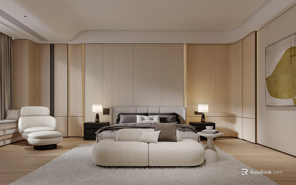 Modern Bedroom Interior Design With Bed Nightstands Table Lamps And Wall Panels 3d model 