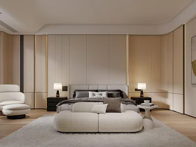 Modern Bedroom Interior Design With Bed Nightstands Table Lamps And Wall Panels 3d model