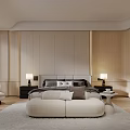 Modern Bedroom Interior Design With Bed Nightstands Table Lamps And Wall Panels