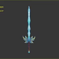 Fantasy Sword With Blue Blade Golden Wing Hilt Red Handle And Blue Gemstone Decoration