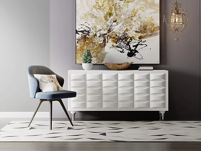 Elegant White Entryway Side Cabinet with Decorative Art Potted Plant and Accent Chair on Rug 3d model