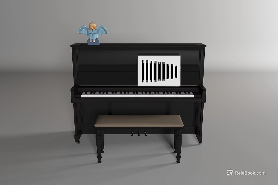 Black Piano With Angel Figurine And White Drawing Board On Top With Bench 3d model 