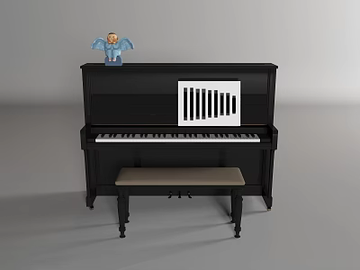 Black Piano With Angel Figurine And White Drawing Board On Top With Bench 3d model