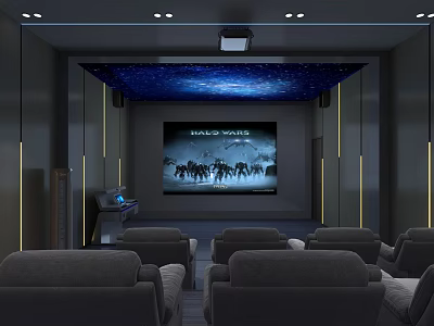 Home Theater Interior Design With Projector Large Screen Comfortable Seats And Starry Ceiling 3d model