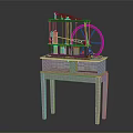 Vintage Industrial Machinery Model With Metal Structure And Large Wheel On Wooden Table