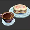 Brown Drink in Pink Teacup with Light Blue Coaster and Sandwich on Light Blue Plate