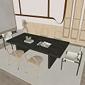 Modern Dark Rectangular Dining Table Set With Four Light Chairs And Bookshelf 3d model