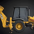 Yellow Utility Vehicle With Front Bucket Backhoe Arm Cab And Large Tires