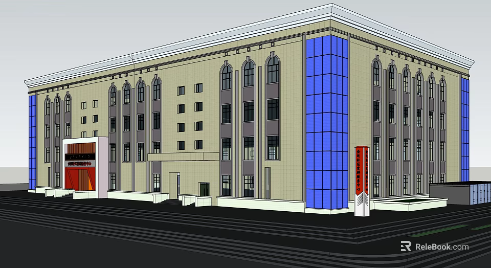 Multi Story Building With Beige Exterior Blue Glass Curtain Wall And Arched Windows 3d model 
