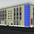 Multi Story Building With Beige Exterior Blue Glass Curtain Wall And Arched Windows