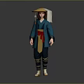 Traditional Costume With Blue Robe Red Sash Yellow Apron Bamboo Hat White Headscarf And Boots
