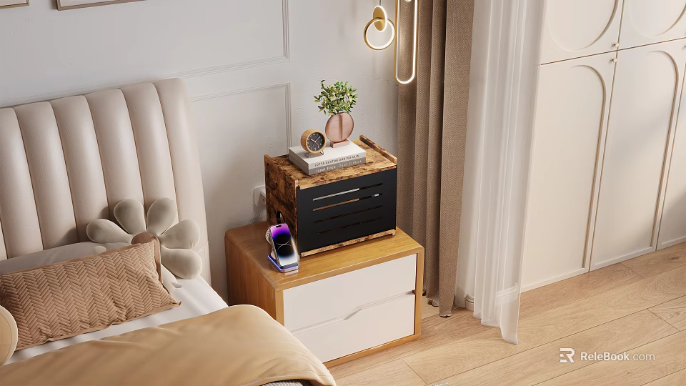 Elegant Bedroom Wooden Decorative Cabinet With Drawers Green Plant Table Lamp And Books 3d model 