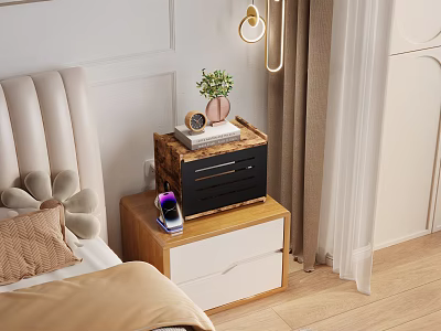 Elegant Bedroom Wooden Decorative Cabinet With Drawers Green Plant Table Lamp And Books 3d model