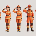 Group of Firefighters Standing and Saluting in Formal Orange Uniforms with Helmets