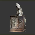 Antique Wooden Cabinet Featuring Carved Designs With Two Small Busts And Pottery Jar On Top