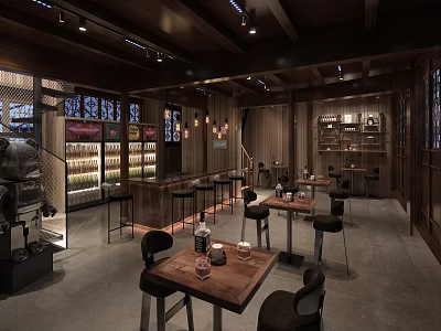 Elegant Modern Restaurant Interior With Wooden Decor Bar Counter Dining Tables And Wine Shelves 3d model