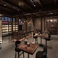 Elegant Modern Restaurant Interior With Wooden Decor Bar Counter Dining Tables And Wine Shelves