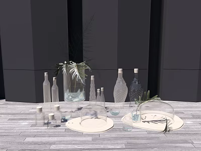 Decorative Ceramic Vessels With Greenery Accents On Wooden Floor Gray Wall Background 3d model