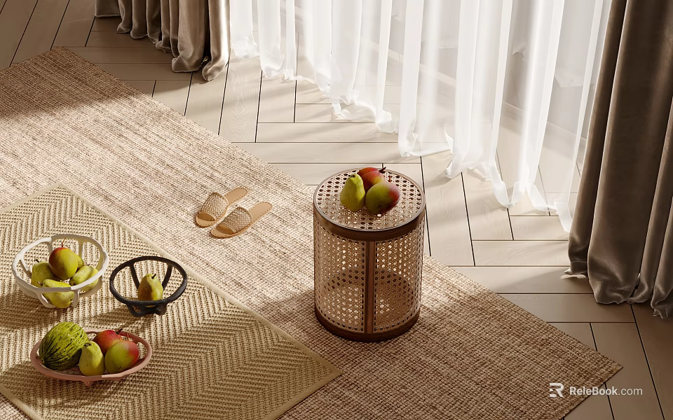 Fresh Assorted Fruits On Bamboo Weave Table With Woven Mat In Bright Room 3d model 
