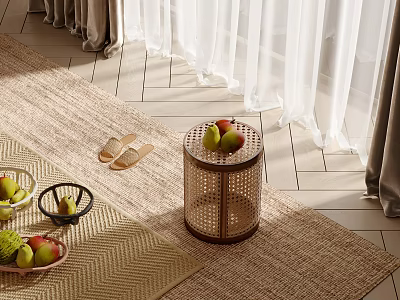 Fresh Assorted Fruits On Bamboo Weave Table With Woven Mat In Bright Room 3d model