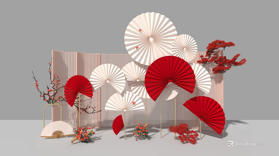 Chinese Style Photo Check in Spot With Red White Fans And Flower Branches 3d model 