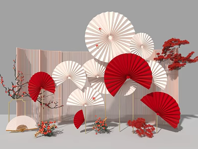 Chinese Style Photo Check in Spot With Red White Fans And Flower Branches 3d model