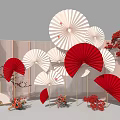 Chinese Style Photo Check in Spot With Red White Fans And Flower Branches