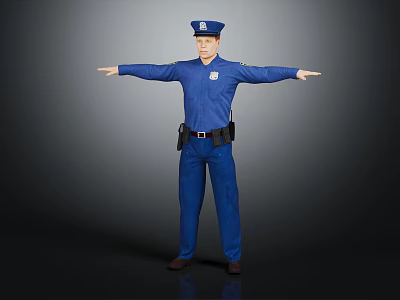 Police Officer In Blue Uniform Standing With Arms Outstretched Against Dark Background 3d model