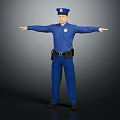Police Officer In Blue Uniform Standing With Arms Outstretched Against Dark Background