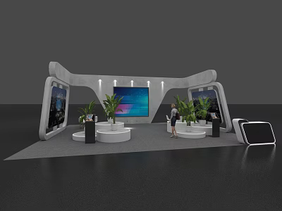 Modern Exhibition Booth Design With Curved Structure Large Screen And Green Plants 3d model
