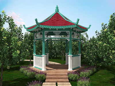 Chinese Pavilion With Red Roof Green Pillars Surrounded By Green Trees Lawn Stone Path 3d model