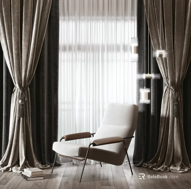 Light Colored Accent Chair In Living Space With Large Window Curtains And Pendant Lights 3d model 