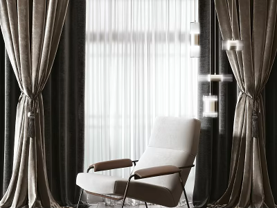 Light Colored Accent Chair In Living Space With Large Window Curtains And Pendant Lights 3d model