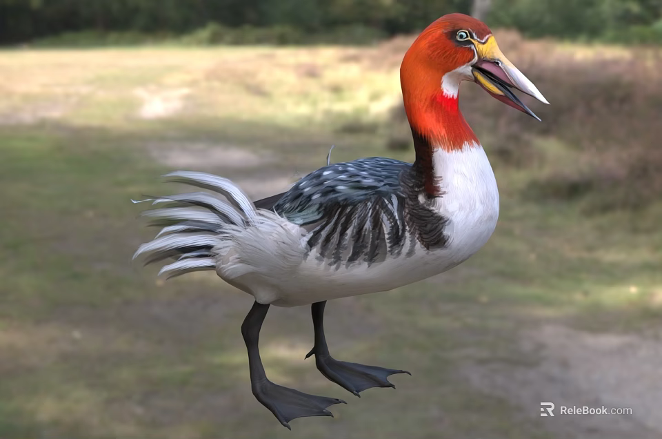 Red Necked Lizard With White Body Standing On Grassland And Trees In Background 3d model 