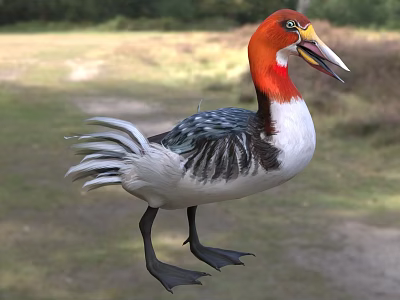 Red Necked Lizard With White Body Standing On Grassland And Trees In Background 3d model