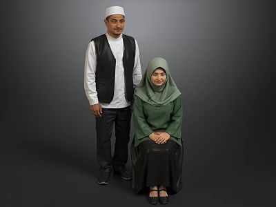 Two Muslim People In Traditional Clothing Standing And Sitting Against Gray Background 3d model