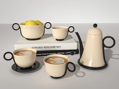 Beige and Black Tea Set with Handles Coffee Cups Teapot and Lemon on Books 3d model