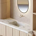Minimalist Bathroom Vanity With Oval Backlit Mirror Light Wood Cabinets And Marble Countertop