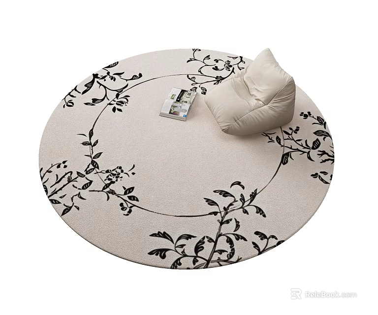 Round Carpet with Black Leaf Vine Pattern on Beige Surface Featuring Magazine and Cushion 3d model