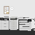 Essential Office Appliances Display With Printers Copiers Filing Cabinets And Wall Clock 3d model