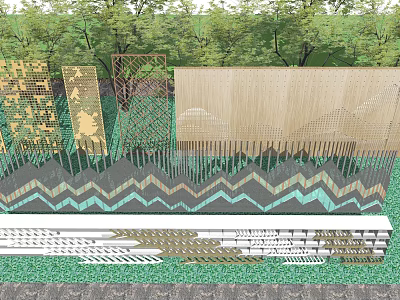 Modern Wooden Backdrop Wall Design With Lattice Panels Zigzag Patterns And Greenery 3d model